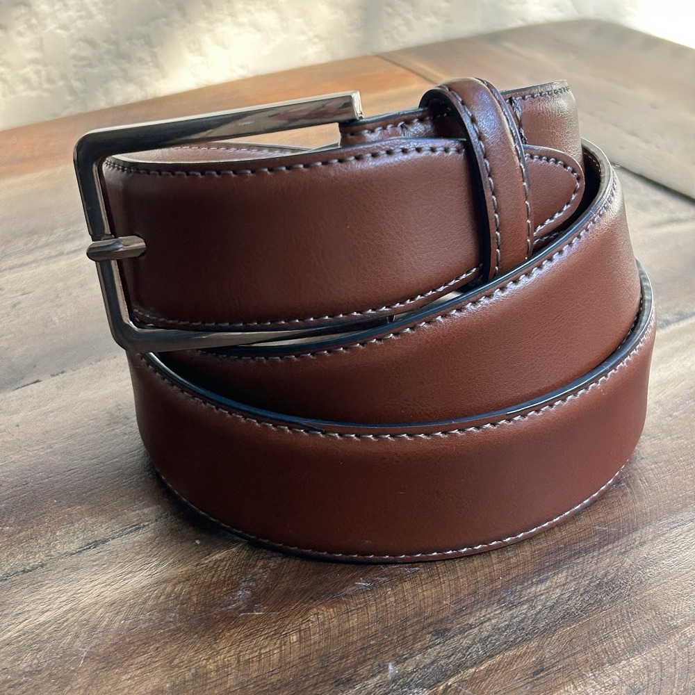 English Laundry Brown Leather Belt‎ Silver Buckle Classic Stitching Size 38